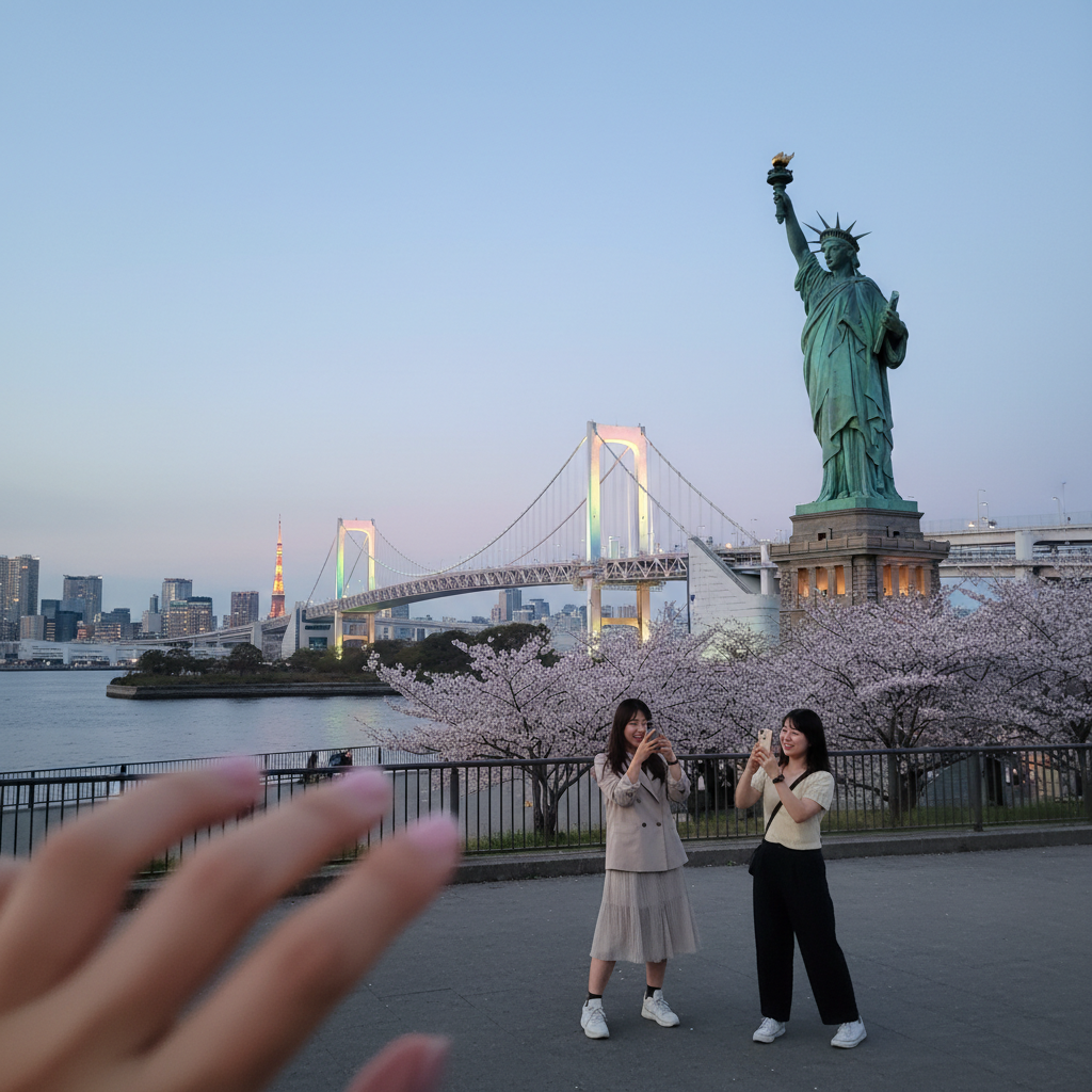 오다이바 자유의 여신상과 레인보우 브릿지