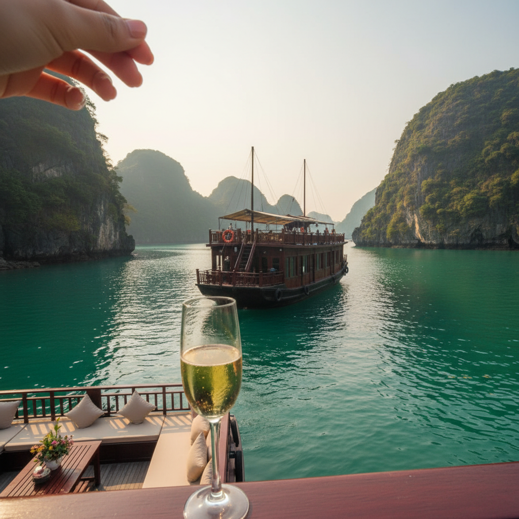 다른 관광객 없이 한적한 하롱베이의 에메랄드빛 라군을 항해하는 프라이빗 크루즈