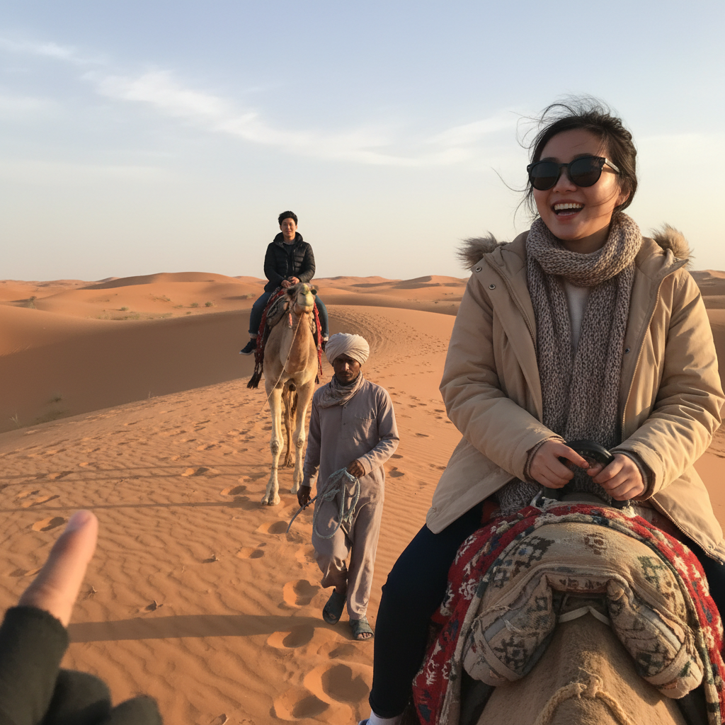 사막 한가운데서 낙타를 타고 있는 모습