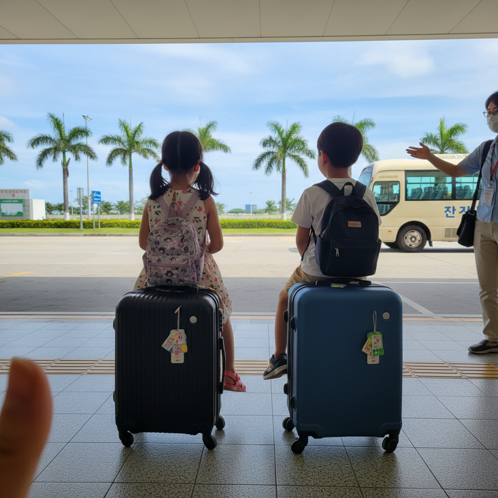 공항버스를 기다리며 캐리어에 앉아있는 아이들의 뒷모습