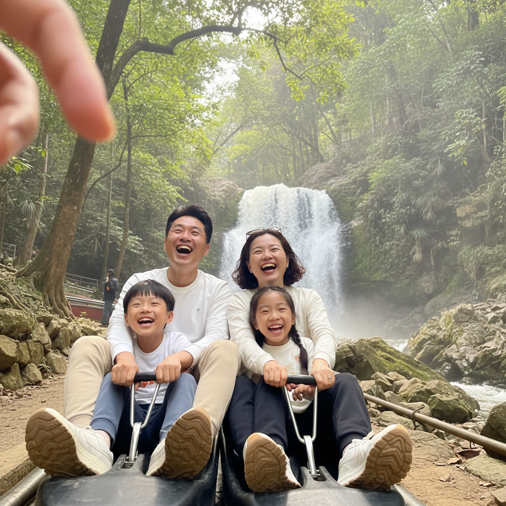 다딴라 폭포 루지를 타며 활짝 웃는 가족