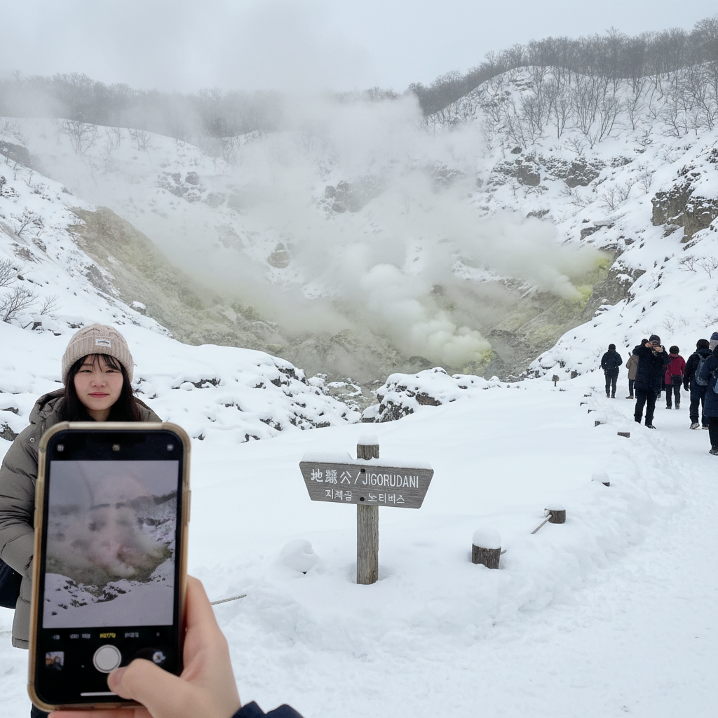 눈이 소복이 쌓인 노보리베츠 지옥계곡에서 유황 연기가 피어오르는 신비로운 풍경