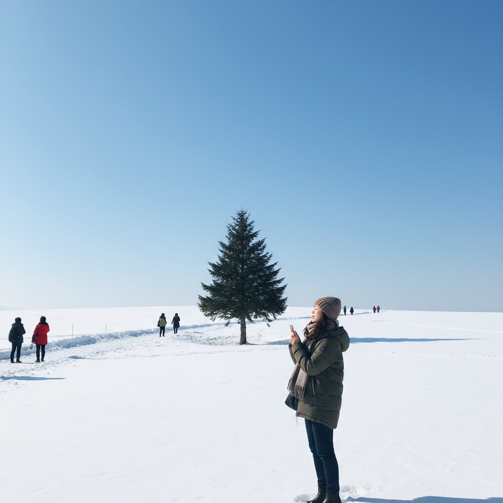광활한 비에이 설원 한가운데 홀로 서 있는 유명한 크리스마스 나무