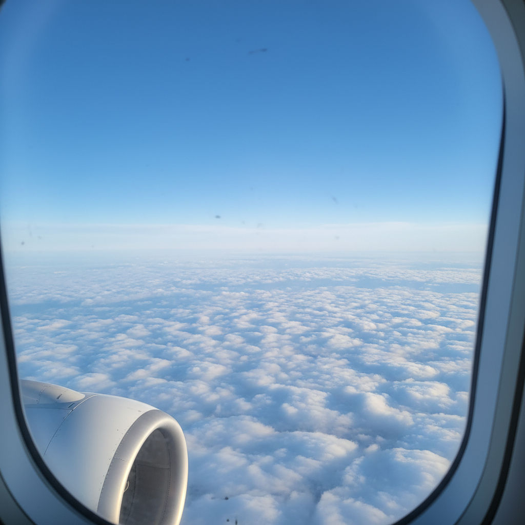 비행기 창밖으로 보이는 푸른 하늘과 흰 구름