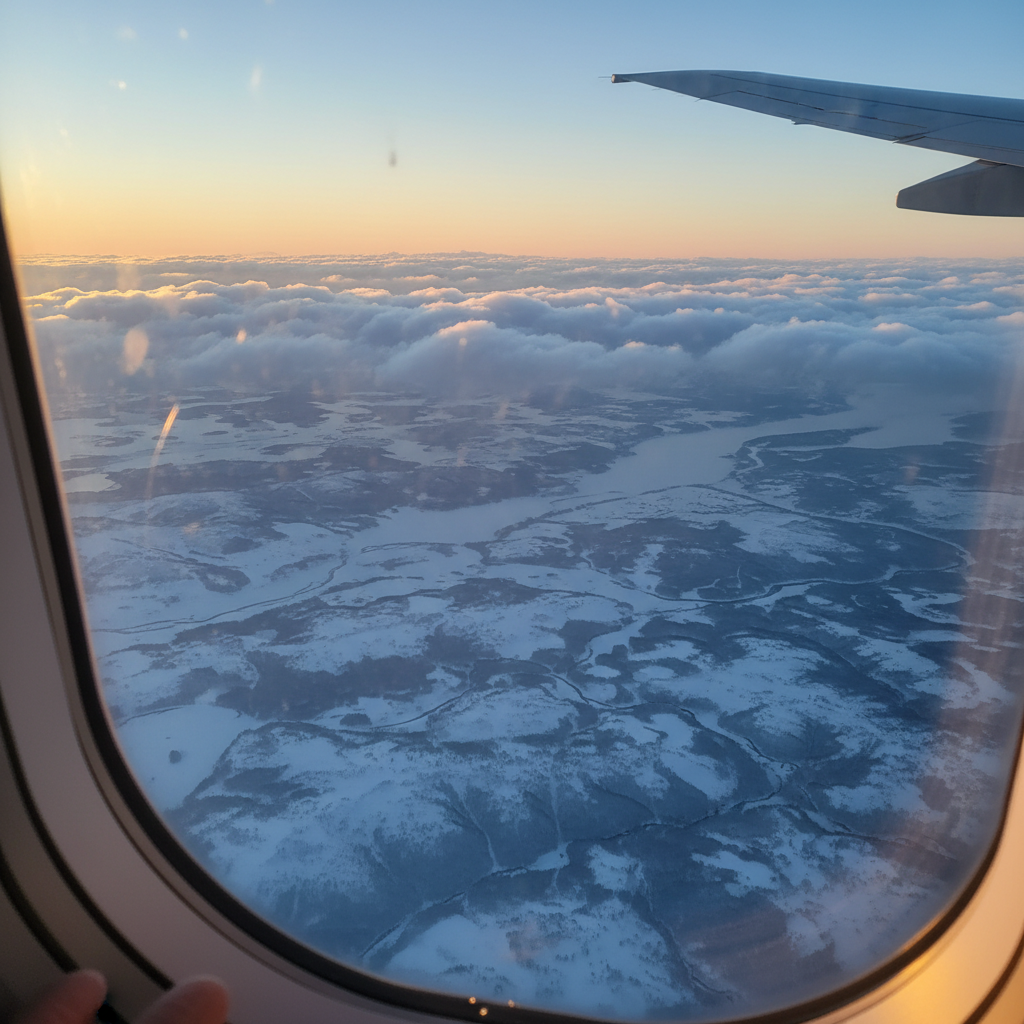 비행기 창밖으로 보이는 구름 위, 눈 덮인 북해도의 광활한 대지