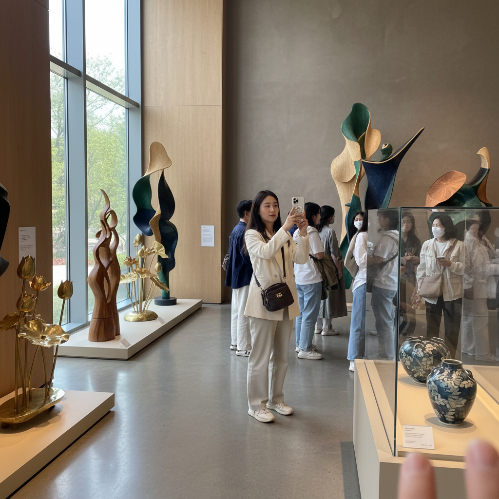 베트남 전통 공예품이 현대적으로 전시된 고급 갤러리 내부