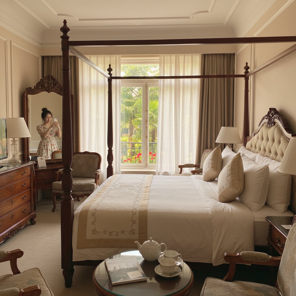 클래식한 가구와 고급 침구가 세팅된 호텔 스위트룸의 모습