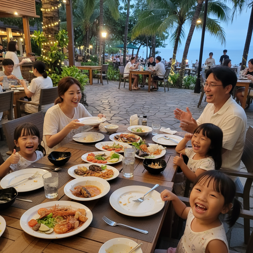 야외 레스토랑에서 맛있게 저녁 식사를 하는 가족의 모습, 아이들이 행복하게 웃고 있음