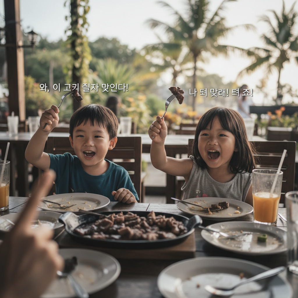 레스토랑에서 음식을 앞에 두고 신나게 포크를 들고 있는 아이들