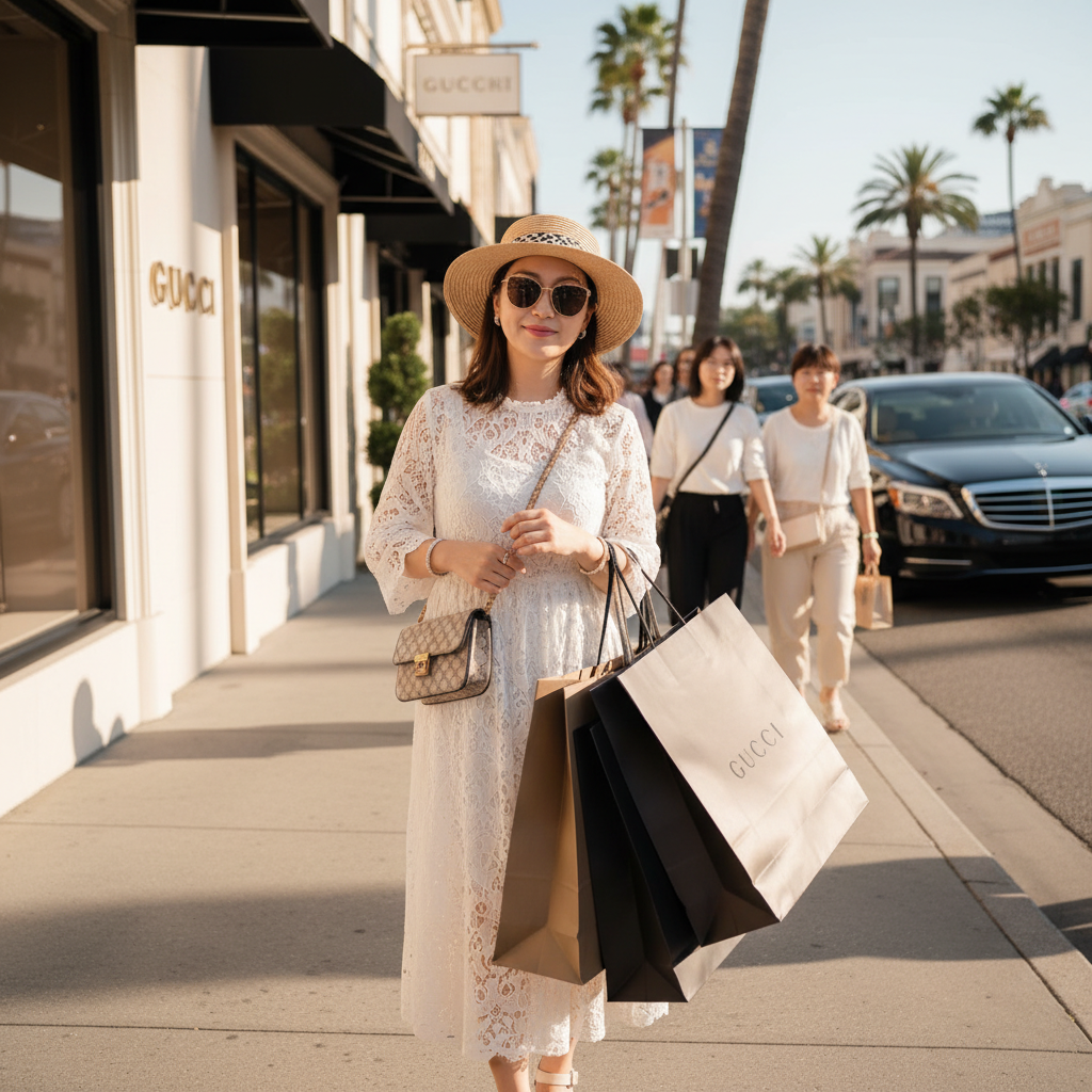 로데오 드라이브의 명품 부티크 앞에서 쇼핑백을 들고 있는 세련된 모습