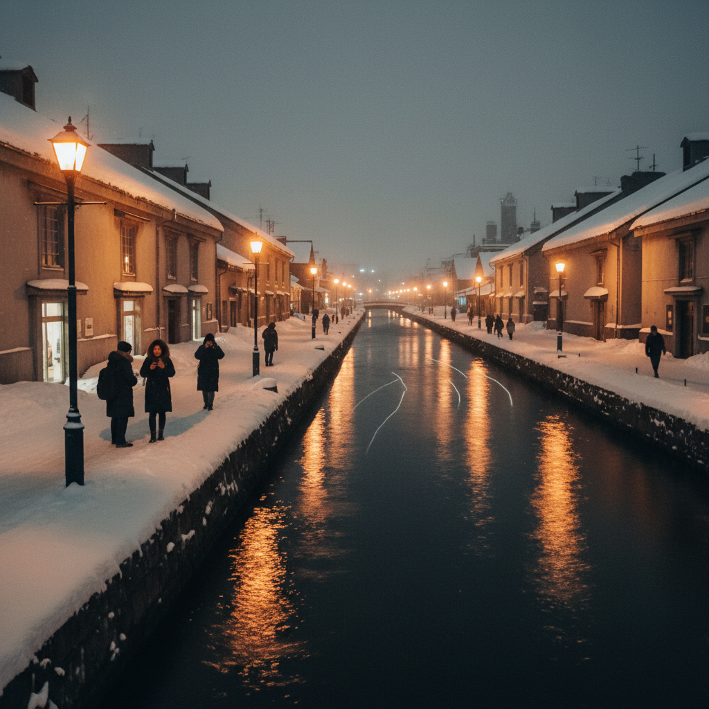 눈 덮인 지붕과 가스등 불빛이 낭만적인 오타루 운하의 야경