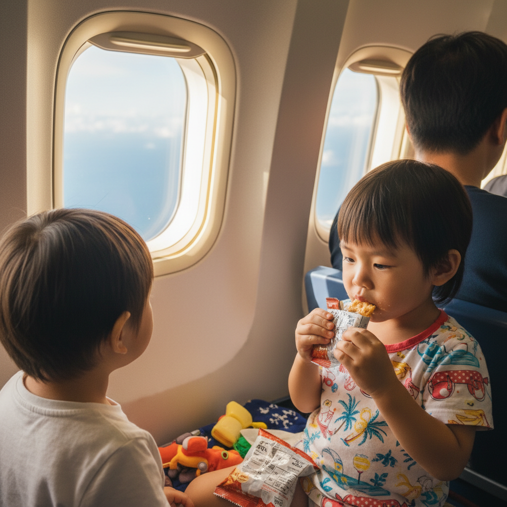 비행기 창밖을 내다보는 아이의 뒷모습과 간식을 먹고 있는 다른 아이