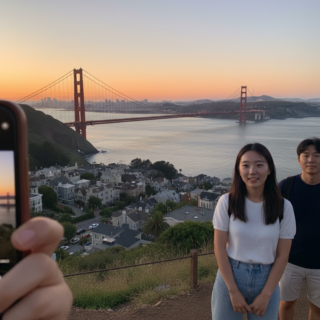 해질녘 금문교가 보이는 샌프란시스코의 우아한 전경