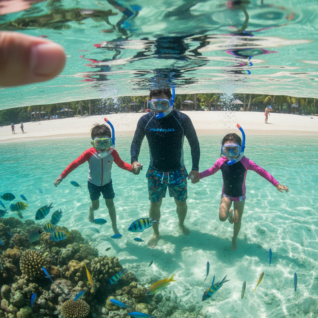 얕은 바다에서 아빠와 함께 스노쿨링을 즐기는 아이들, 화려한 열대어가 보임