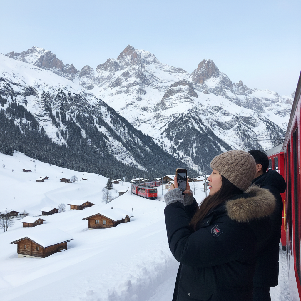 눈 덮인 알프스 산맥과 그 사이를 달리는 붉은 산악 열차