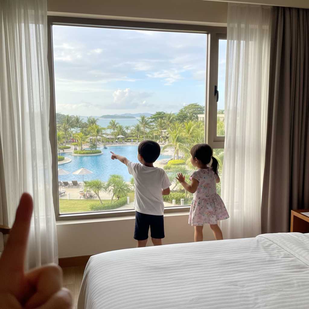 호텔 룸 창가에서 바깥 풍경을 구경하는 아이들