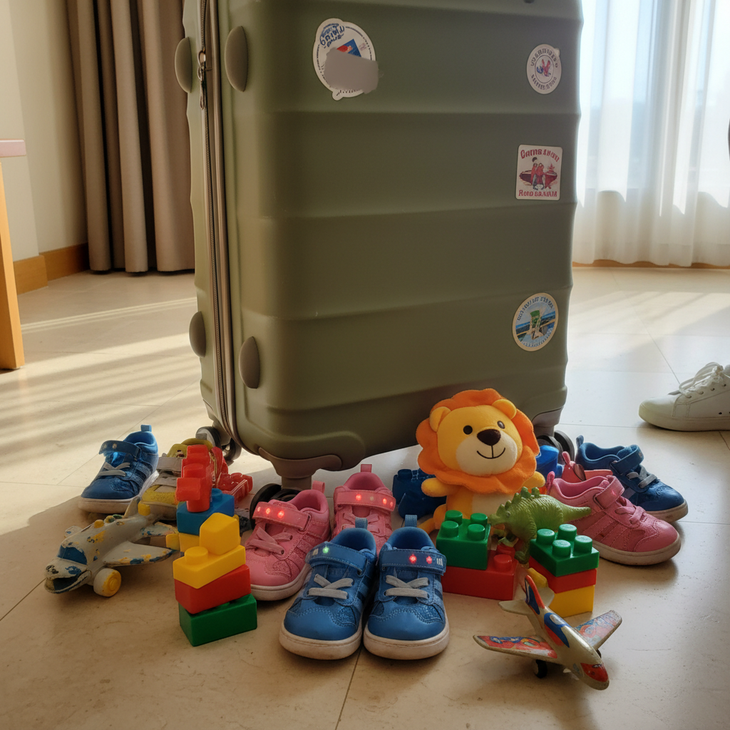 캐리어 옆에 옹기종기 모여있는 아이들 신발과 장난감