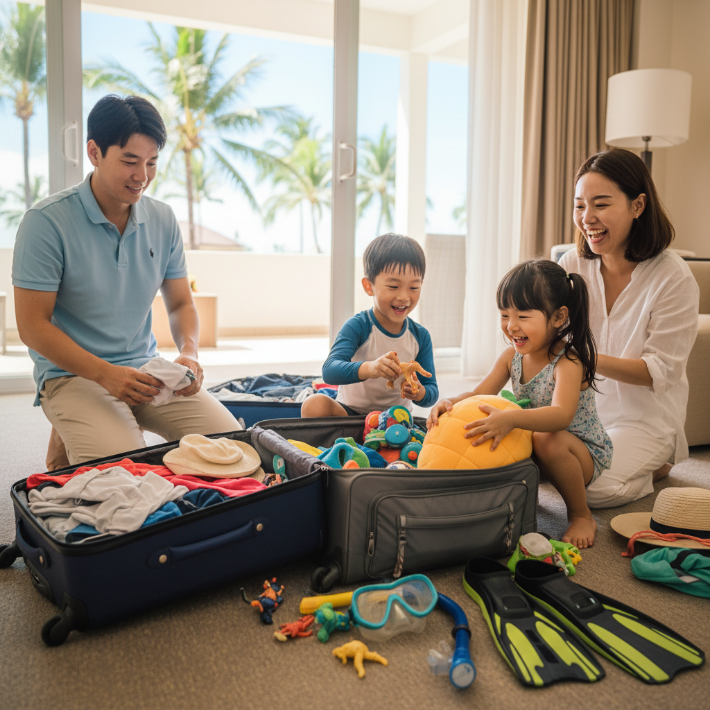 온 가족이 함께 여행 가방을 싸고 있는 모습, 아이들이 신나서 자기 장난감을 넣고 있음