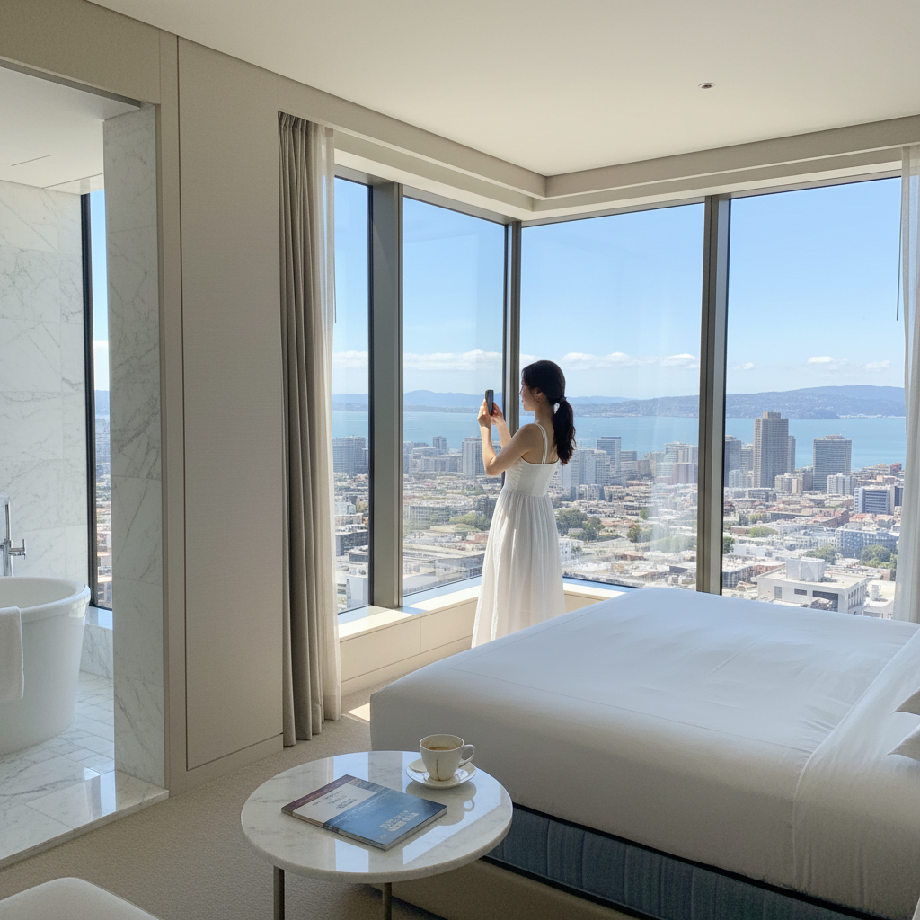 샌프란시스코 시내가 내려다보이는 포시즌스 호텔의 미니멀하고 고급스러운 스위트룸