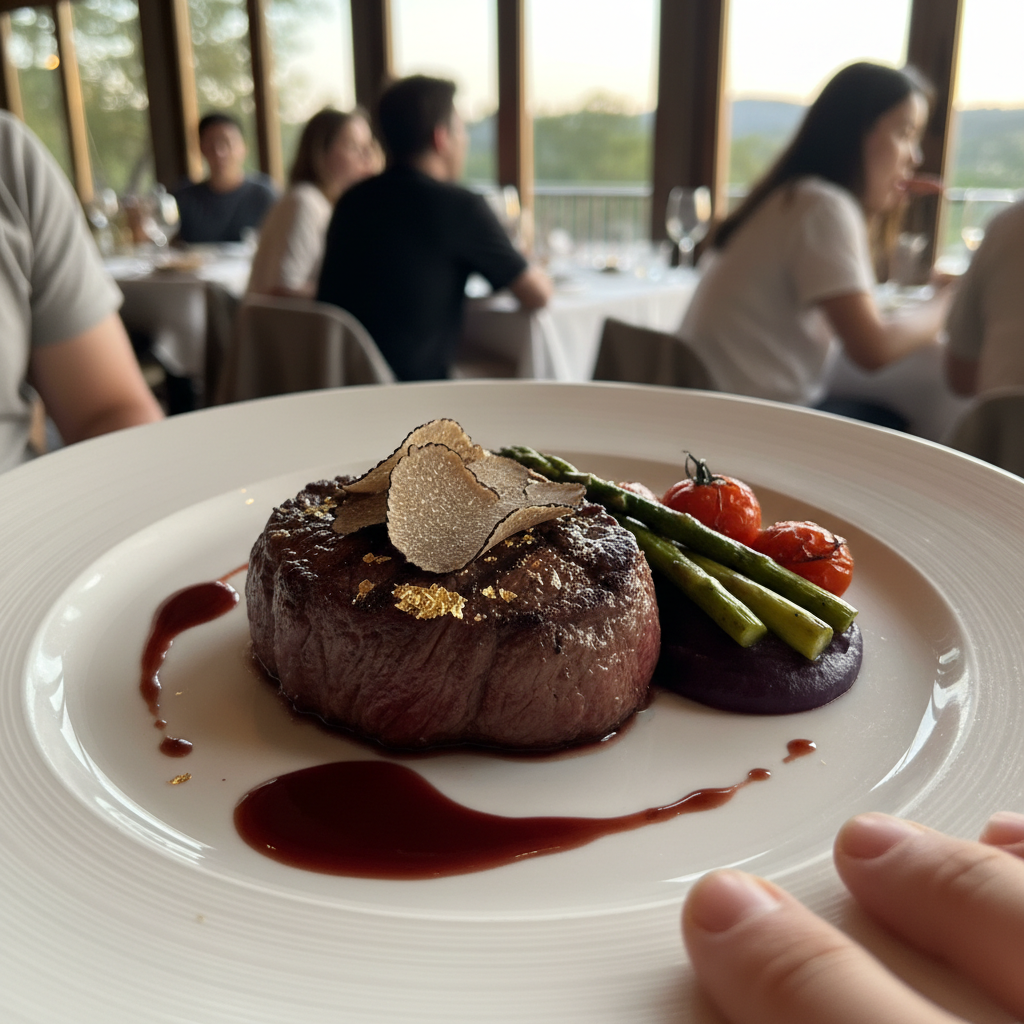 트러플과 금가루로 장식된 와규 스테이크의 아름다운 플레이팅