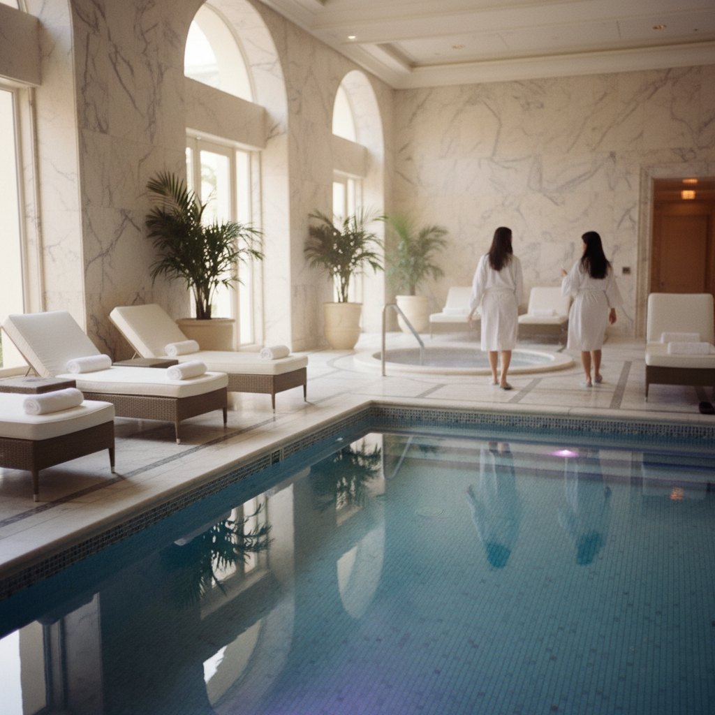 벨라지오 호텔의 고급스러운 대리석 스파 내부와 한적한 풀