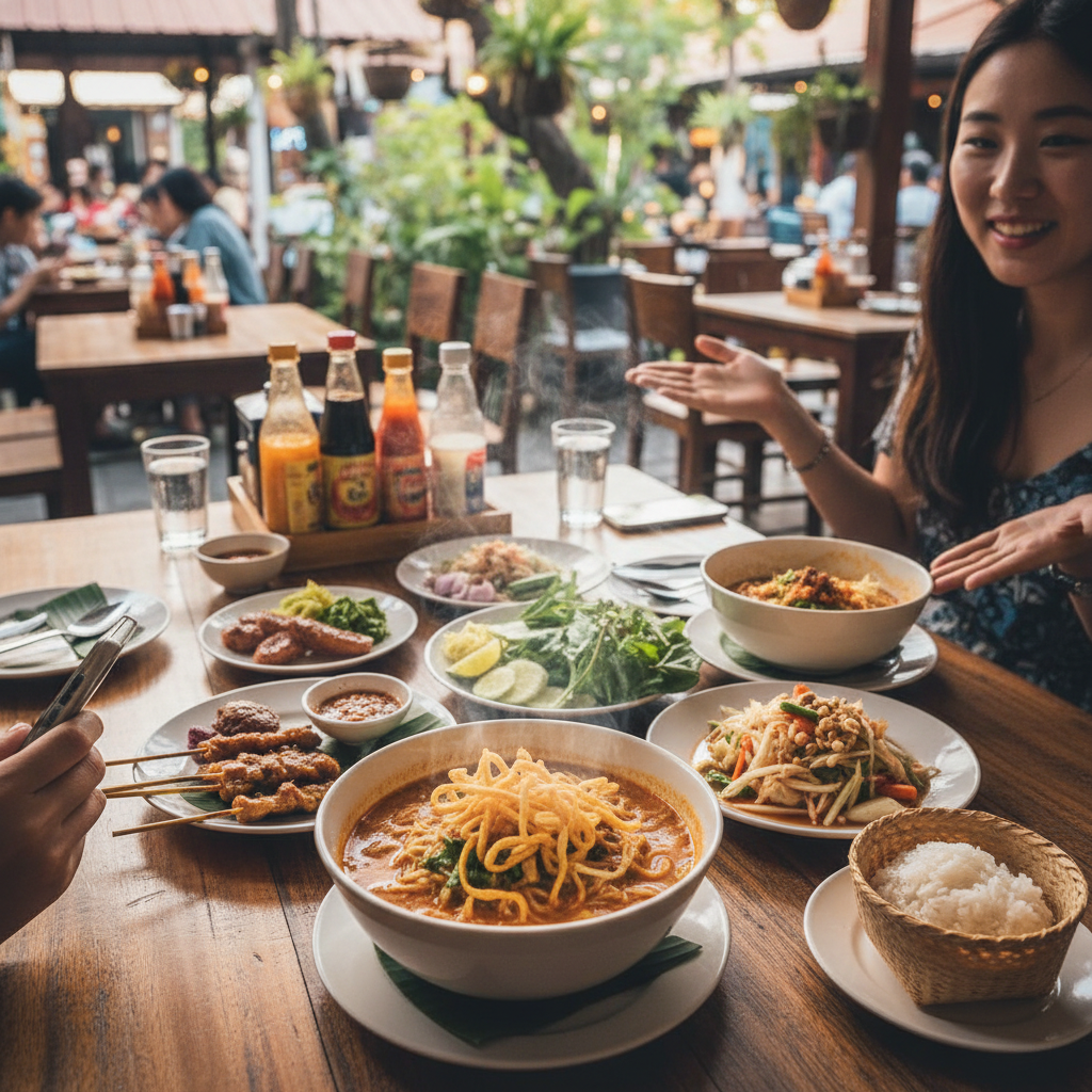 김이 모락모락 나는 카오 소이와 다양한 현지 음식이 차려진 식탁