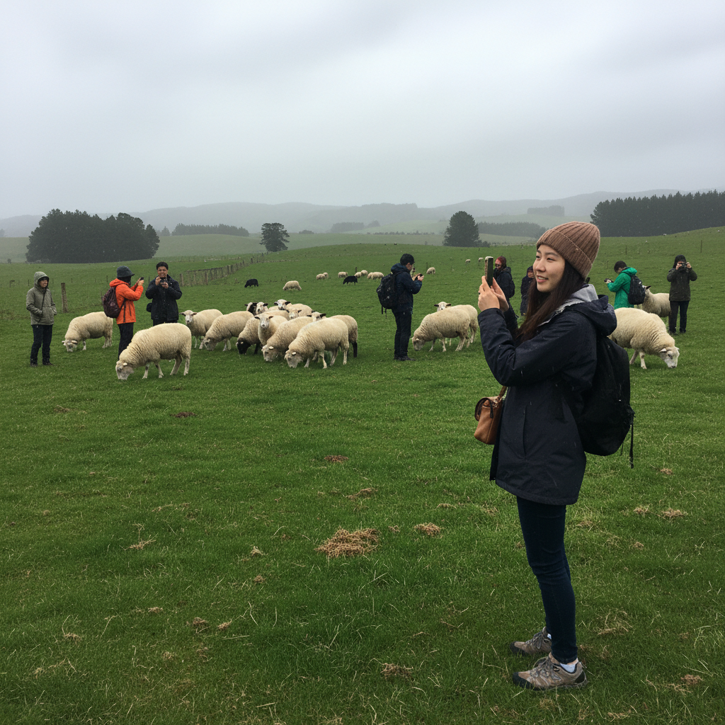 뉴질랜드의 푸른 초원에서 풀을 뜯는 양 떼의 평화로운 모습