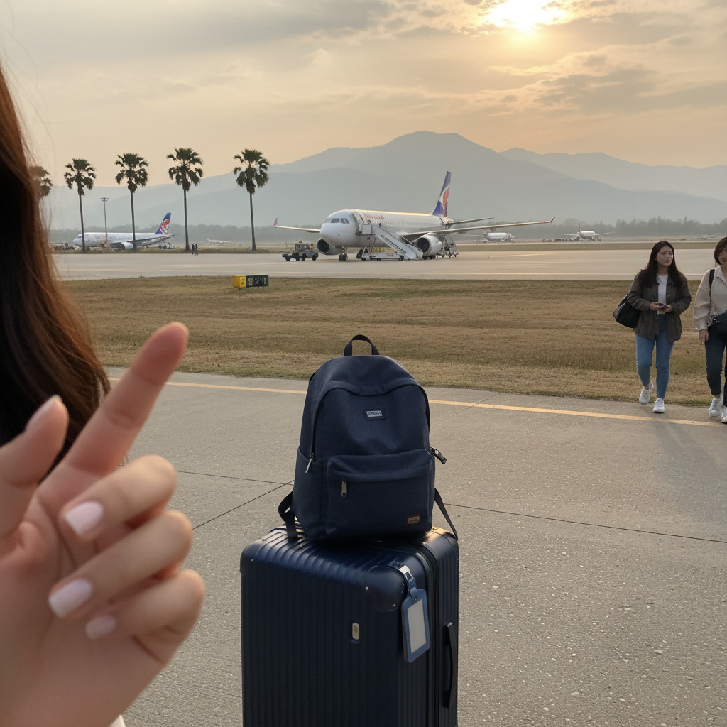 활주로에 서 있는 비행기와 여행 가방이 놓여 있는 공항 풍경