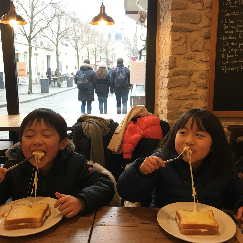 레스토랑에서 포크를 들고 크로크무슈를 맛있게 먹고 있는 아이들