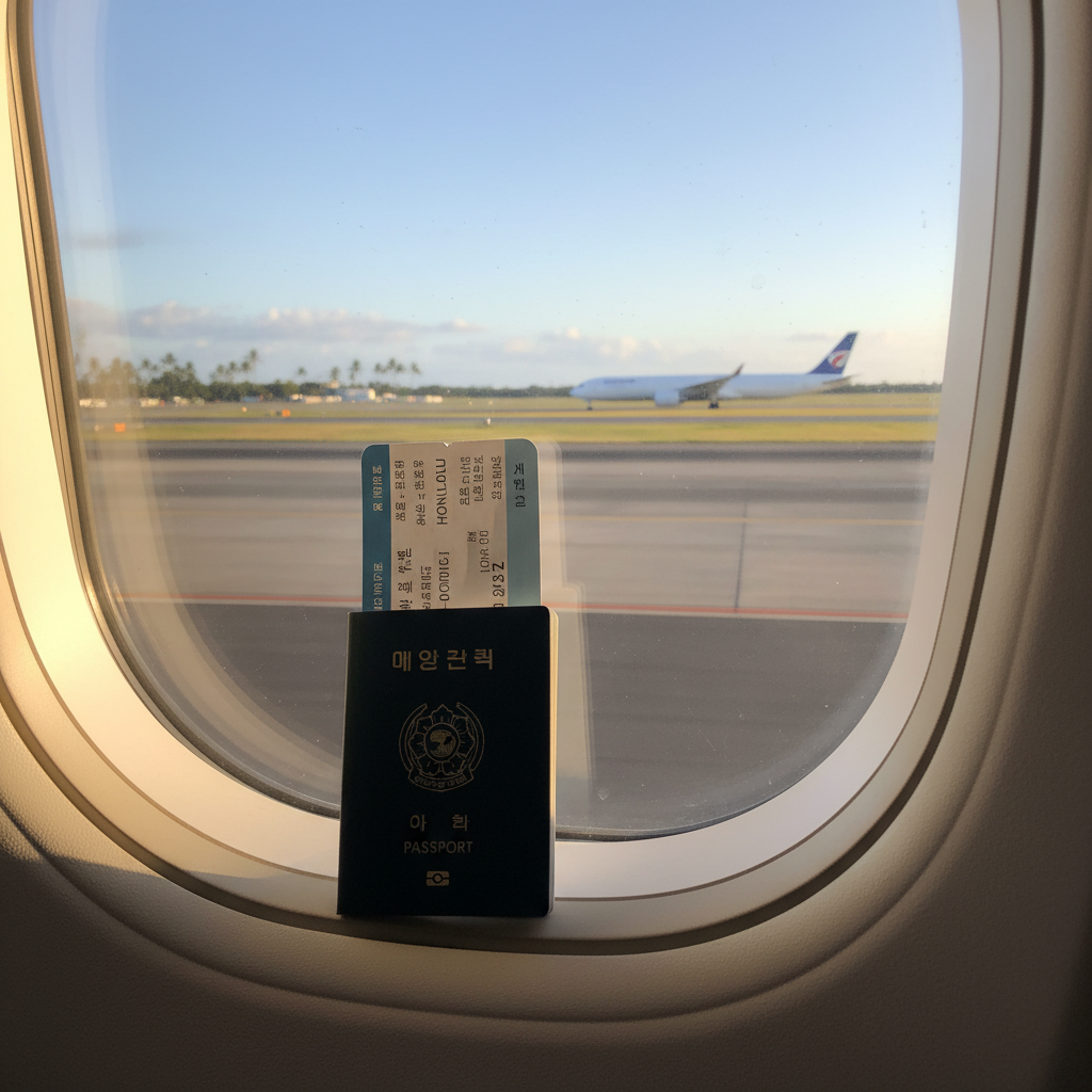 활주로를 배경으로 창가에 놓인 비행기 티켓과 여권