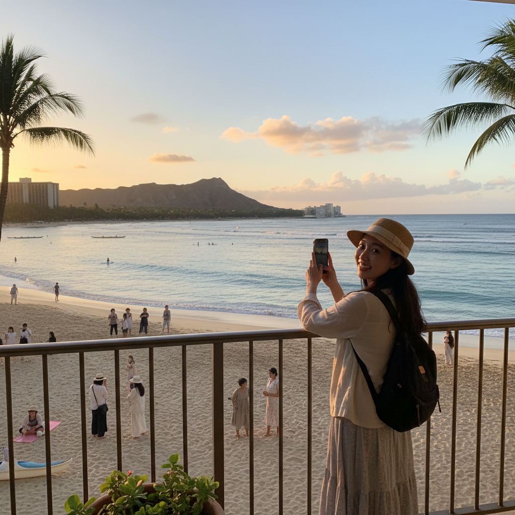 호텔 발코니에서 바라본 와이키키 해변의 아침 풍경