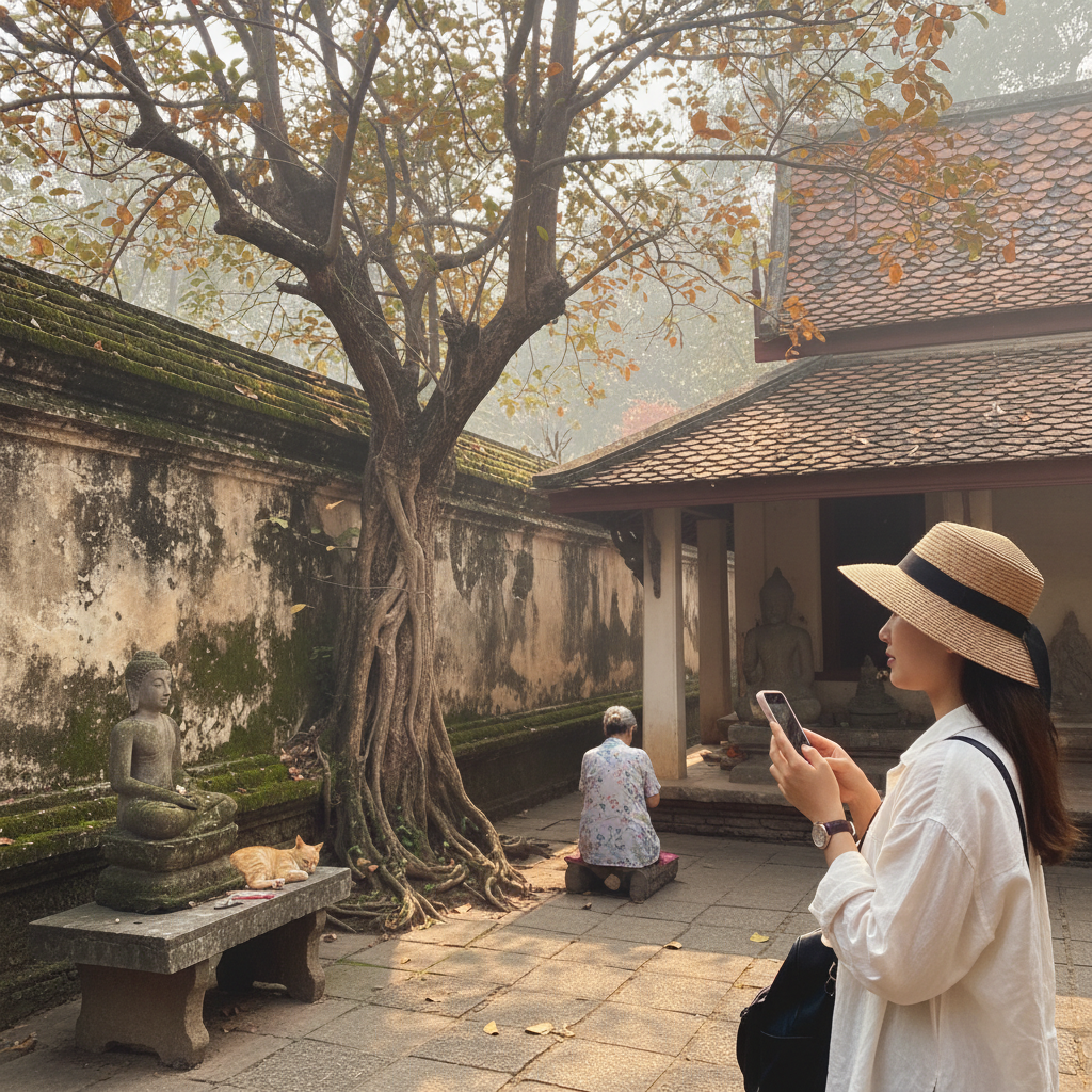 이끼 낀 담벼락과 오래된 나무가 어우러진 작은 사원의 고즈넉한 풍경