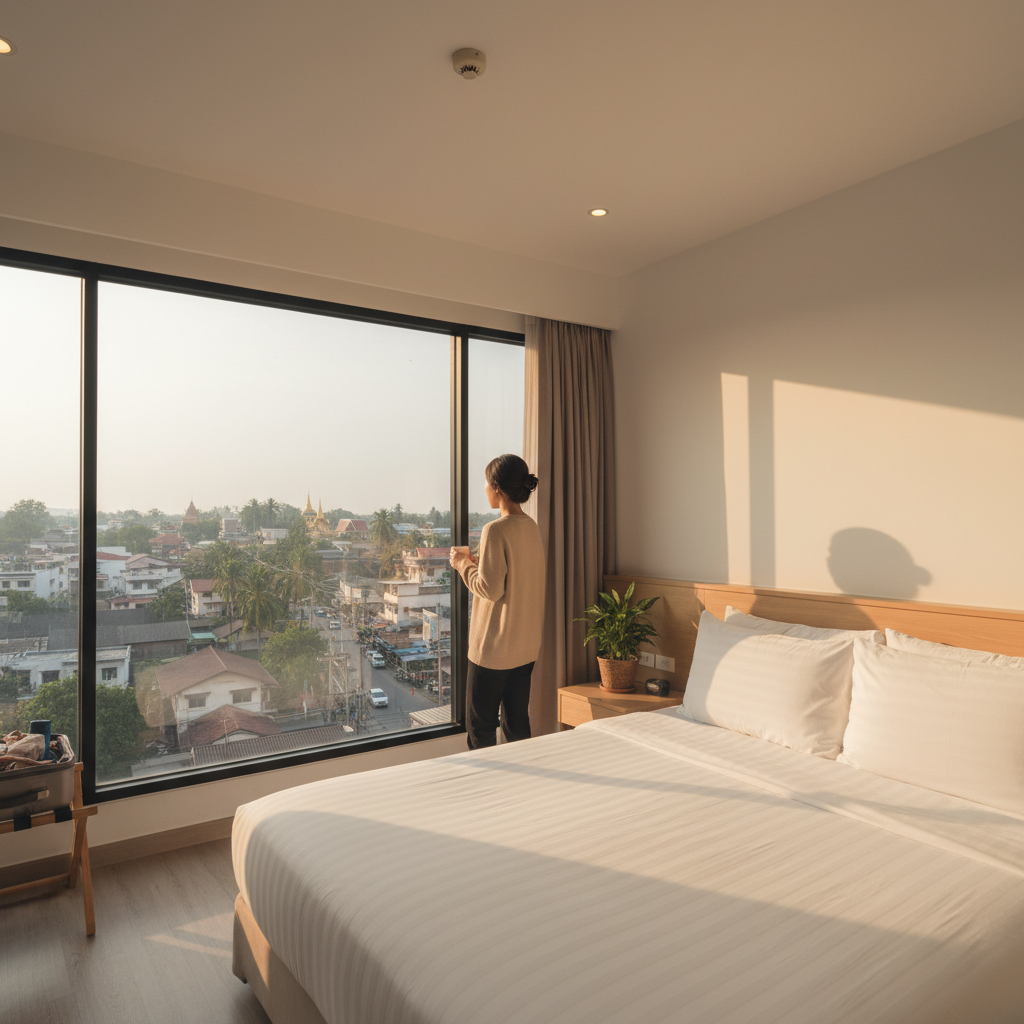 햇살이 들어오는 깔끔한 호텔 방, 창밖으로 치앙마이 시내가 보인다