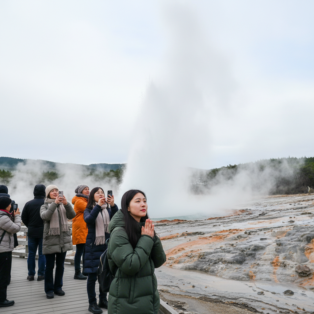 로토루아 테푸이아 간헐천이 솟아오르는 장관