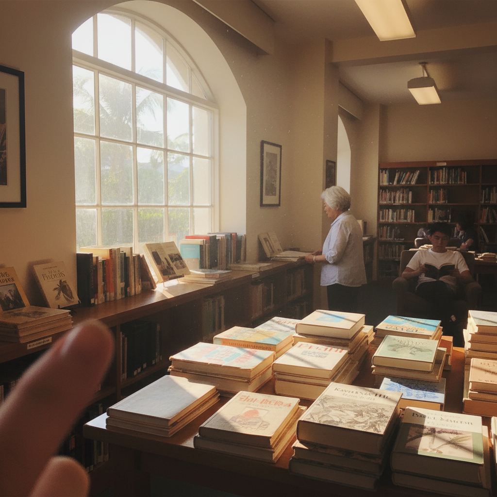 햇살이 들어오는 창가에 낡은 책들이 쌓여있는 카이마나 힐 서점 내부