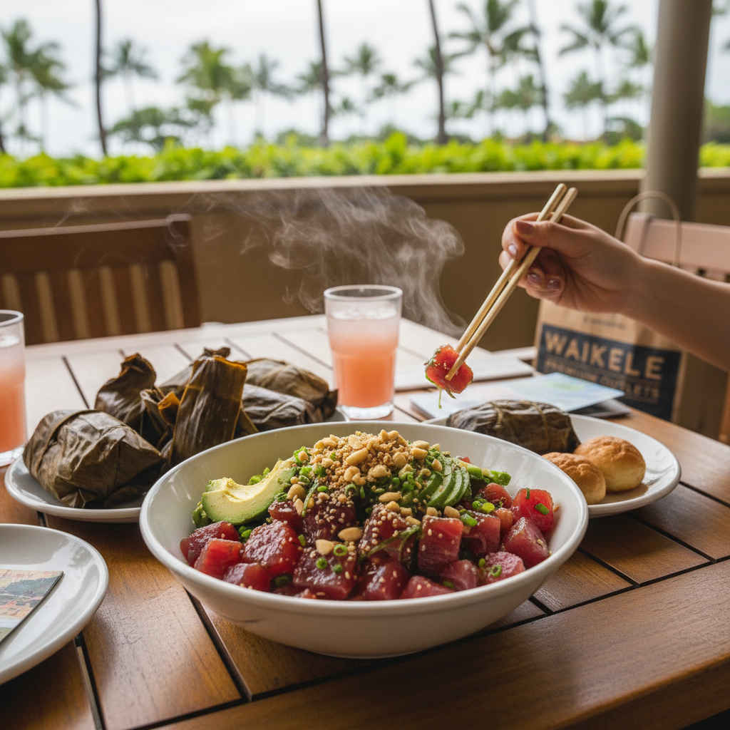 김이 모락모락 나는 하와이안 포케와 라우라우가 차려진 테이블