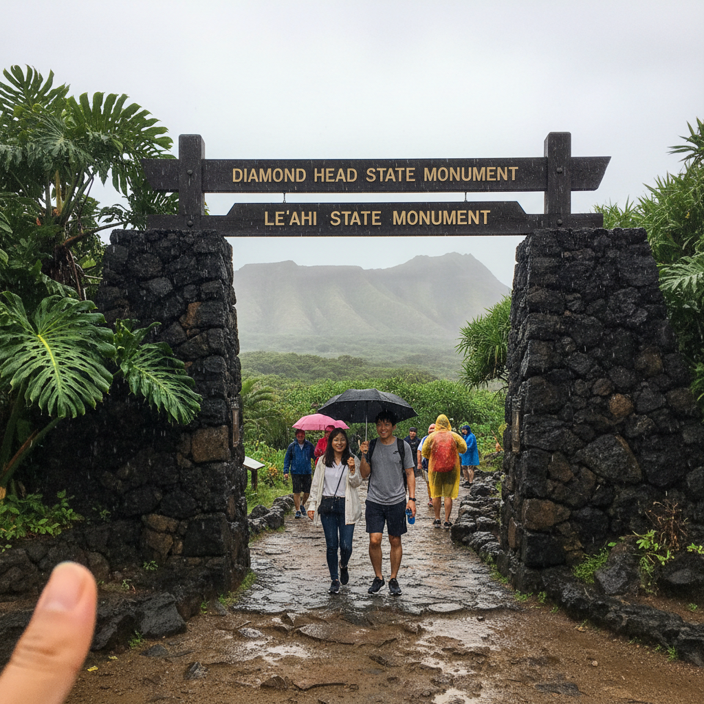 비에 젖은 다이아몬드 헤드 트레일 입구의 풍경