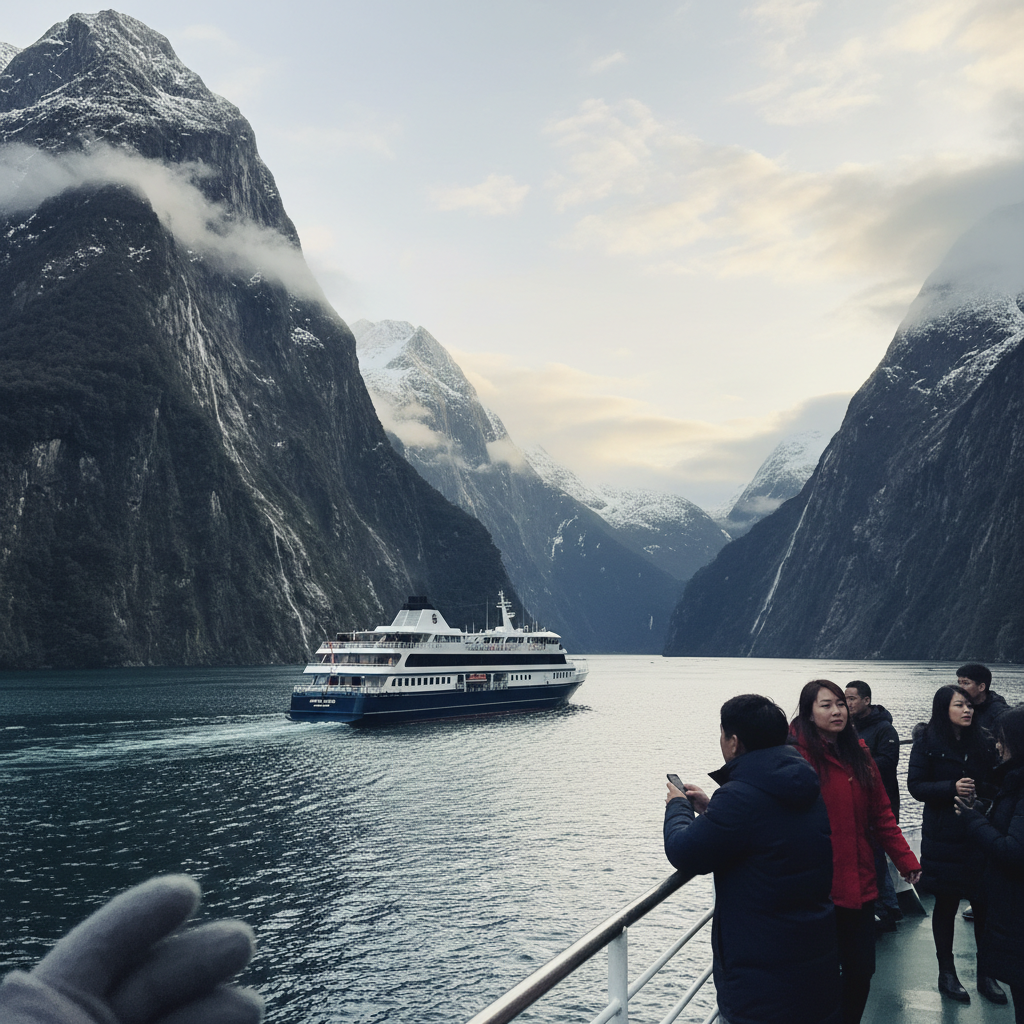 밀포드 사운드의 웅장한 피오르드 사이를 유람선이 지나가는 모습