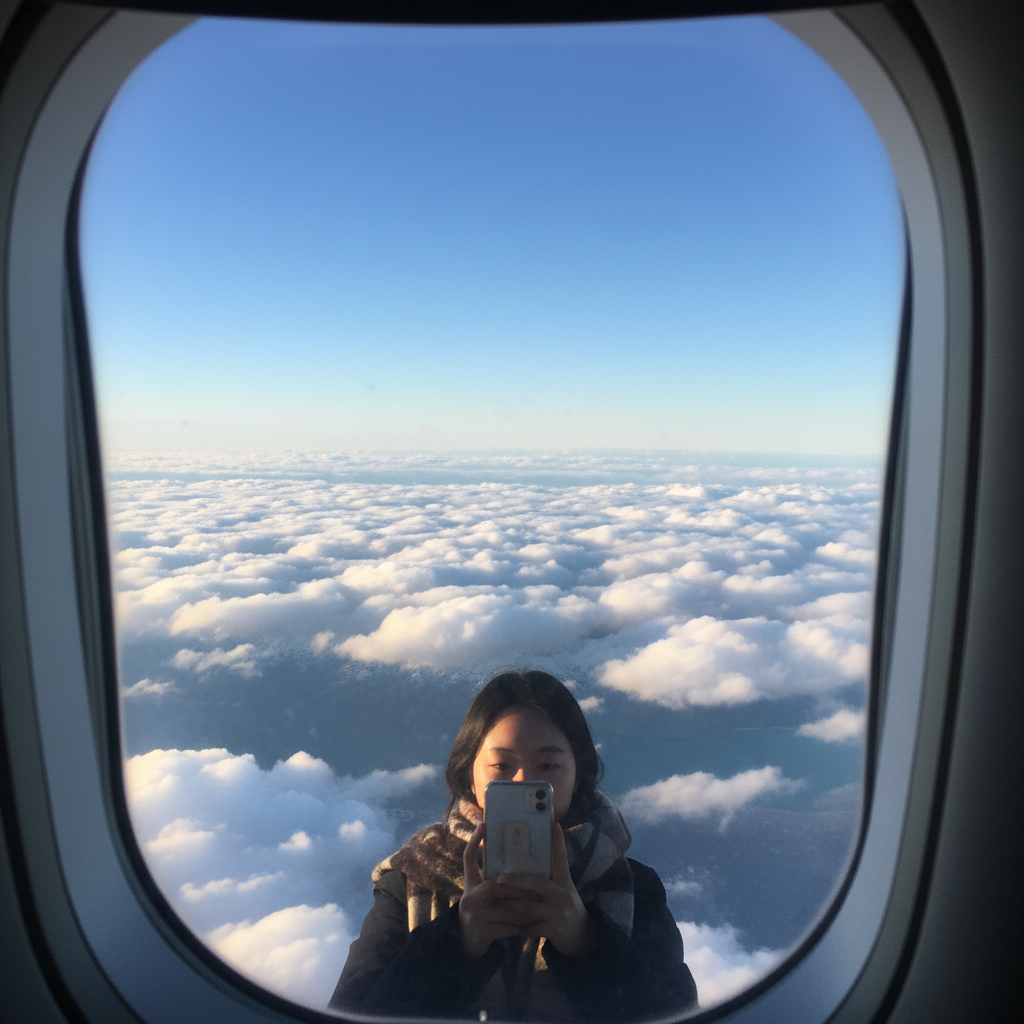 비행기 창밖으로 보이는 구름과 뉴질랜드의 푸른 하늘